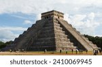 Side view of the temple of Kukulkan (Mayan pyramid of El Castillo) at the archaeological ruins of Chichen Itza - November 2023 - Yucatan, Mexico