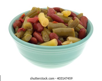 Side View Of Three Bean Salad In A Small Bowl Isolated On A White Background.