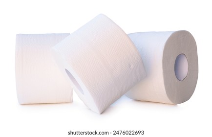 Side view of three tissue paper rolls or toilet paper in stack is isolated on white background with clipping path.