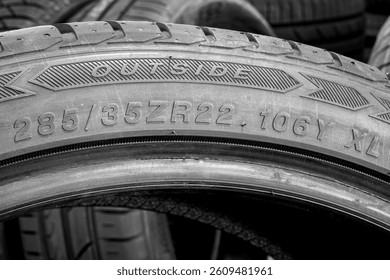 Side view of a tire with an indication of tire width, height and diameter, load and speed index