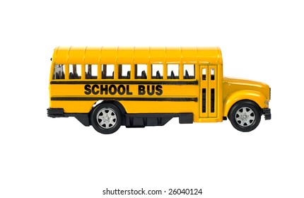 Side View Of A Toy School Bus With The Door, Isolated Against A White Background