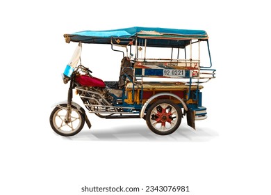 side view of tricycles, tuk-tuk, transport, tourism, and urban, on isolated white background with path lines