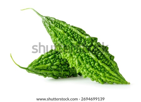 Side view of two green bitter gourds or bitter melons in stack is isolated on white background with clipping path.