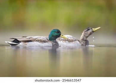 Side view of two Mallard ducks swimming on misty lake with soft green background - Powered by Shutterstock