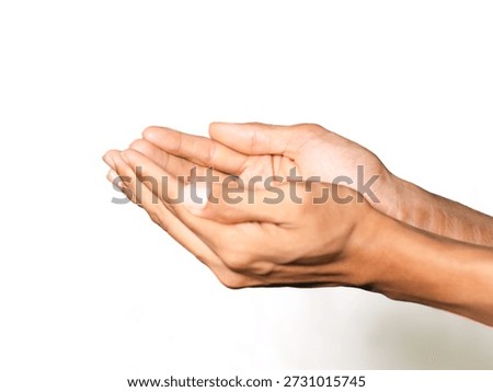 Side view of two open hands with palms facing upwards isolated on a white background, symbolizing supplication, prayer, surrender, or compassion. An illustration suitable for social, spiritual, or health themes.