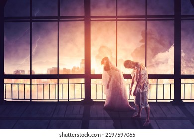 Side View Of Two Scary Zombie Walking Near The Window In The Office With Burning City Background