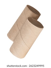 Side view of two tissue paper cores or toilet paper tubes after tissue paper used out in stack is isolated on white background with clipping path.
