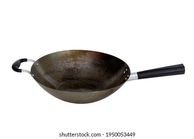 Side View Of A Used Empty Carbon Steel Wok With Handles With White Background