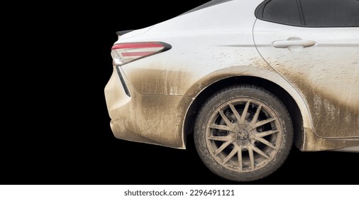 Side view of a very dirty car. Fragment of a dirty car. Dirty headlights, wheel and bumper of the car with swamp splashes on a side panel - Shutterstock ID 2296491121