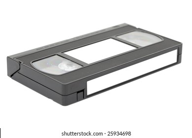 Side View Of Vhs Video Tape With Labels Isolated Against White Background