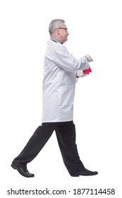 Side View Of Walking Lab Scientist Isolated On White Background