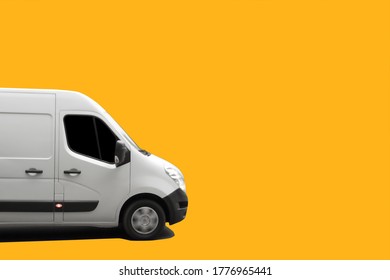 Side view of white delivery truck on yellow background. Delivery concept