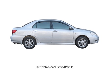 Side view of white or gray sedan car is isolated on white background with clipping path.