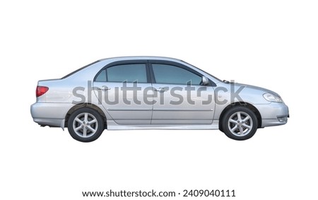 Side view of white or gray sedan car is isolated on white background with clipping path.