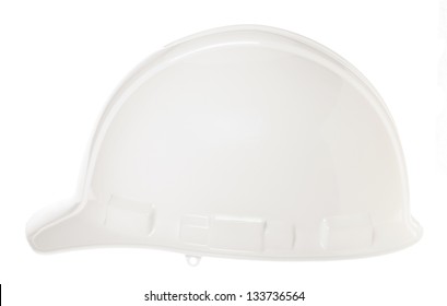 Side View Of A White Hard Hat, Isolated On White Background.