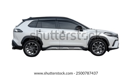 Side view of white hatchback car is isolated on white background with clipping path.