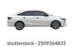 Side view of white sedan car is isolated on white background with clipping path.