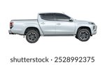 Side view of white or silver pickup truck is isolated on white background with clipping path.