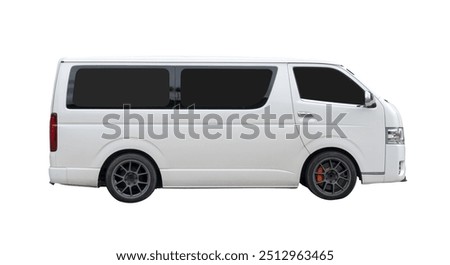 Side view of white van car is isolated on white background with clipping path.