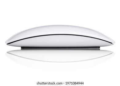 side view, white wireless mouse isolated on white background 