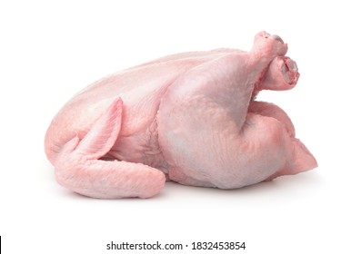 Side view of whole raw chicken isolated on white