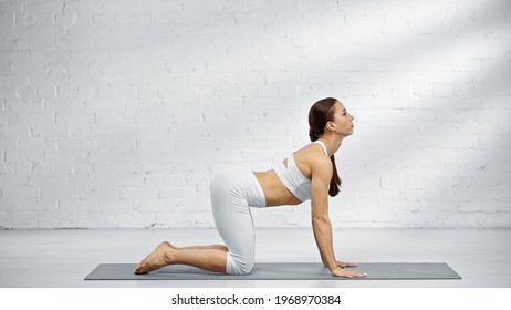 Side View Of Woman Doing Cat Pose On Yoga Mat