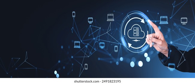 Side view of woman finger touch data server hologram hud, files share or transfer between multiple devices. Concept of cloud storage, backup and synchronization - Powered by Shutterstock