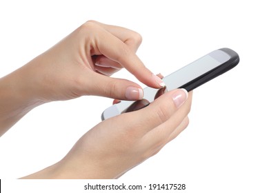 Side View Of A Woman Hand With Fingers On Multi Touch Screen Isolated On A White Background