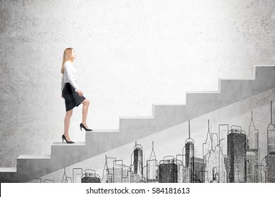 Side View Of A Woman Wearing A Black Skirt And A White Blouse And Climbing Stairs. There Is A City Sketch On A Concrete Wall. Mock Up