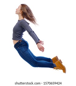 Side view of woman in zero gravity or a fall. girl is flying, falling or floating in the air. Side view people collection. side view of person. Isolated over white background. 