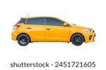 Side view of yellow hatchback car is isolated on white background with clipping path.