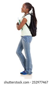 Side View Of Young African College Girl Looking Up Isolated On White