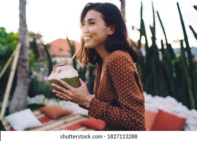 Side view of young attractive ethnic female enjoying coconut drink through straw and smiling happily while standing in yard of resort house on sunny evening