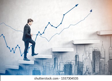 Side view young businessman climbing career ladder concrete wall and growing graphs   city sketch 