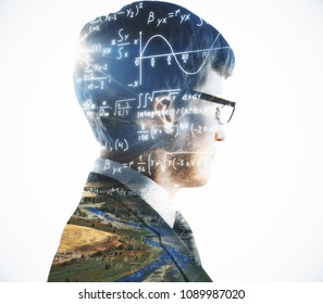 Side View Of Young Businessman Portrait On Bright Landscpad Background With Mathematical Formulas. Science And Education Concept. Double Exposure 