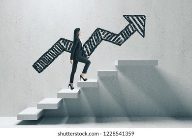 Side view young businesswoman and arrow climbing concrete stairs  Career development   growth concept 