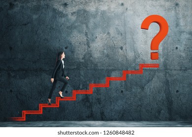 Side view young businesswoman climbing abstract drawn stairs and question mark concrete background  Growth   doubt concept 