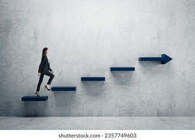 Side view of young businesswoman climbing blue arrow stairs to success on concrete wall background in interior. Financial growth, career development and forward concept