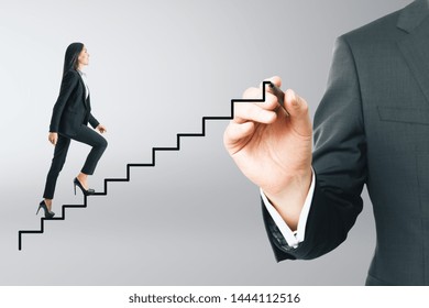 Side view young businesswoman running up abstract ladder gray background  Growth   success concept 