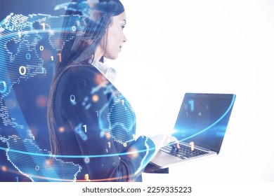 Side view of young businesswoman using laptop with abstract globe sphere with coding and polygonal network on blurry white background. Future, technology and digital world concept. Double exposure
