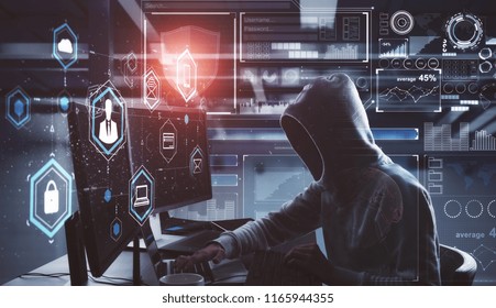 Side view of young hacker with digital business interface in blurry interior. Hacking and phishing concept. Double exposure 