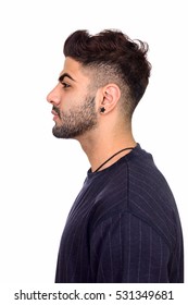 Side View Of Young Handsome Indian Man Isolated Against White Background