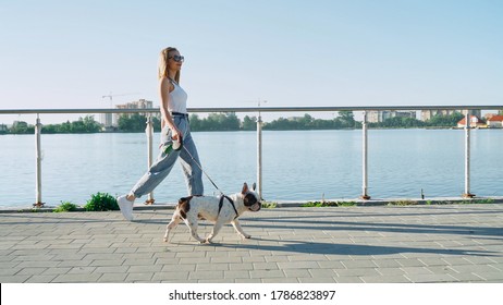 Side view of young happy woman in casual outfit walking with male french bulldog on leash near big lake. Stunning caucasian girl wearing sunglasses enjoying summer sunset with pet in city park. - Powered by Shutterstock