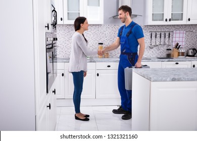 Side View Of Young Male Plumber Shaking Hands With Happy Woman