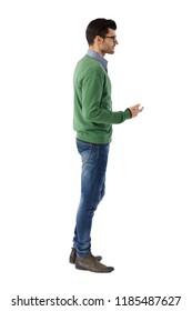Side View Of Young Man Talking Over White Background. Full Size.