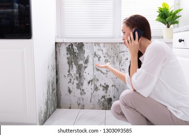 Side View Of A Young Woman Calling For Assistance On Cellphone Near Damaged Wall
