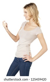 Side View Of A Young Woman Gesturing Come Here While Standing Against White Background