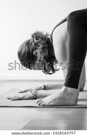 Similar – Image, Stock Photo Young woman stretching legs by sea pier