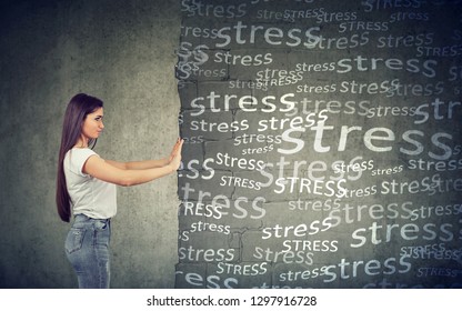 Side View Of Young Woman Pushing Away Block Wall With Stress Willing To Have Happy Life