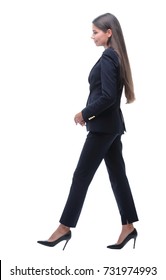 Side View.young Business Woman Walking Forward